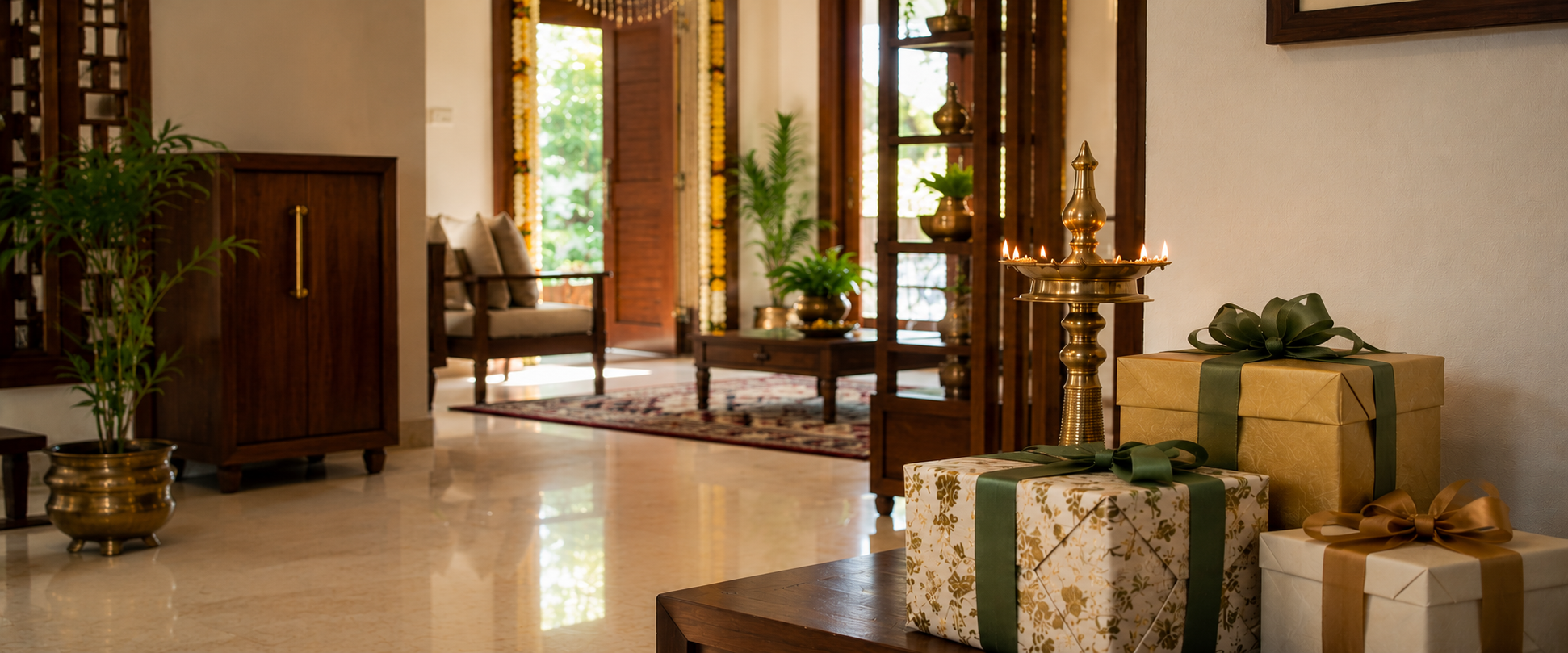 gift for housewarming in kerala - traditional kerala home with brass lamp and wrapped gifts