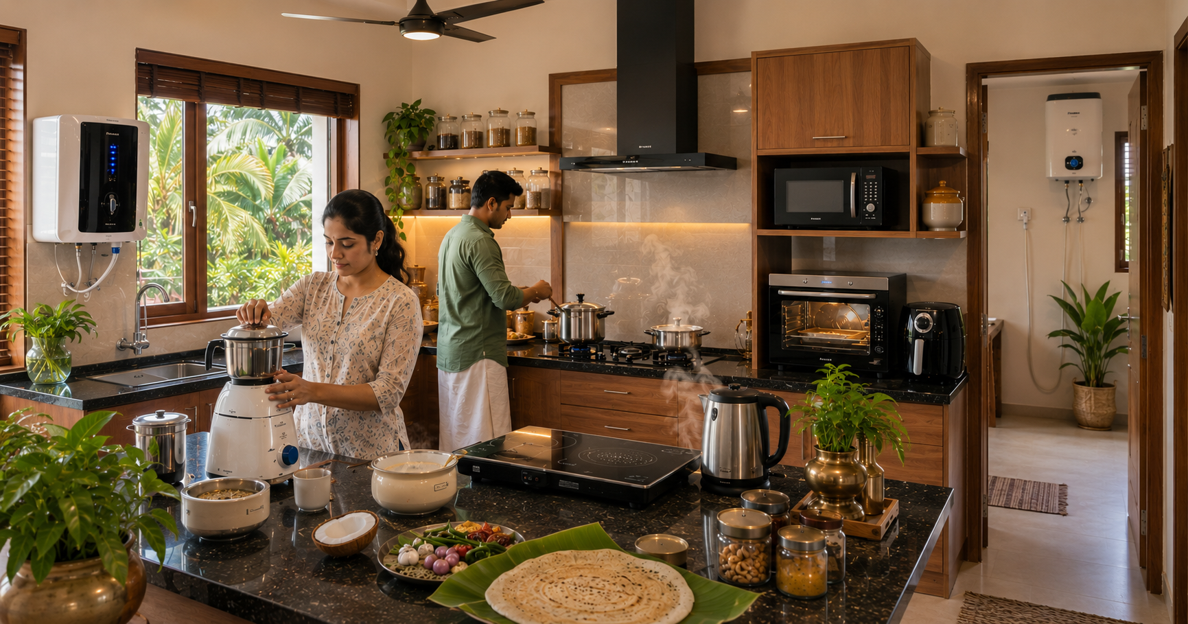 Modern Kerala kitchen featuring essential home appliances like a mixer grinder, induction cooktop, pressure cooker, air fryer, microwave, and water purifier in a family home, showcasing home appliances in Thrissur.