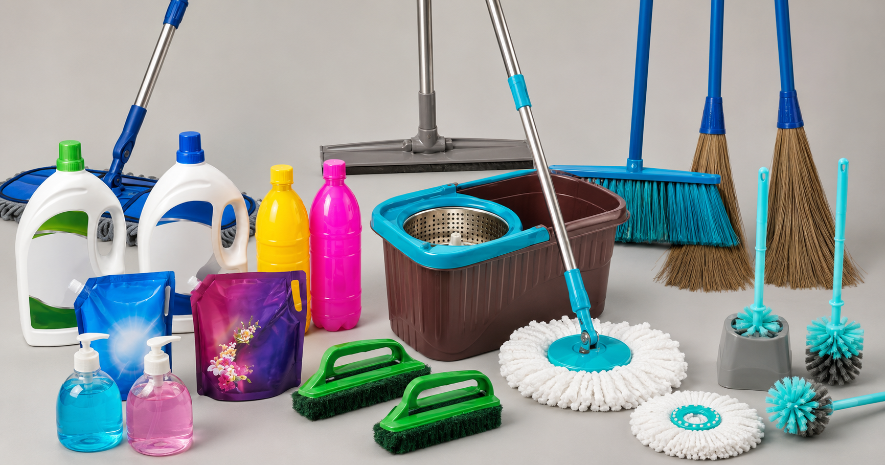 Cleaning Materials in Kerala, including mops, brooms, floor wipers, brushes and household cleaning products.