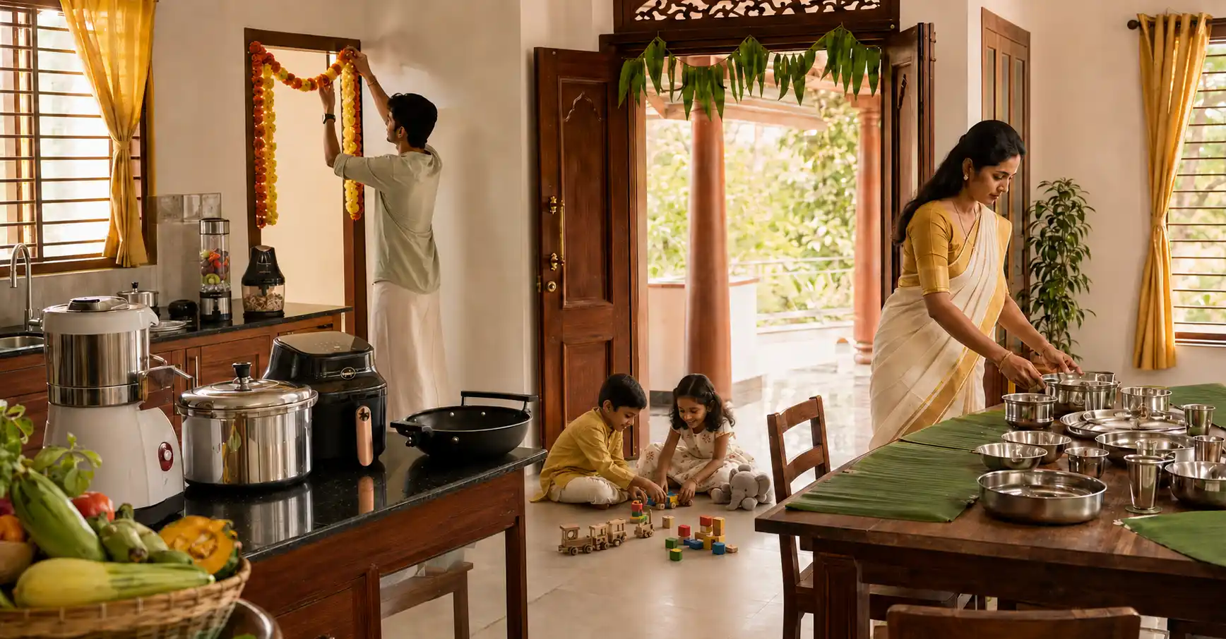 Family preparing for festival season with household items in Kerala, kitchen appliances, dining essentials and children’s toys.